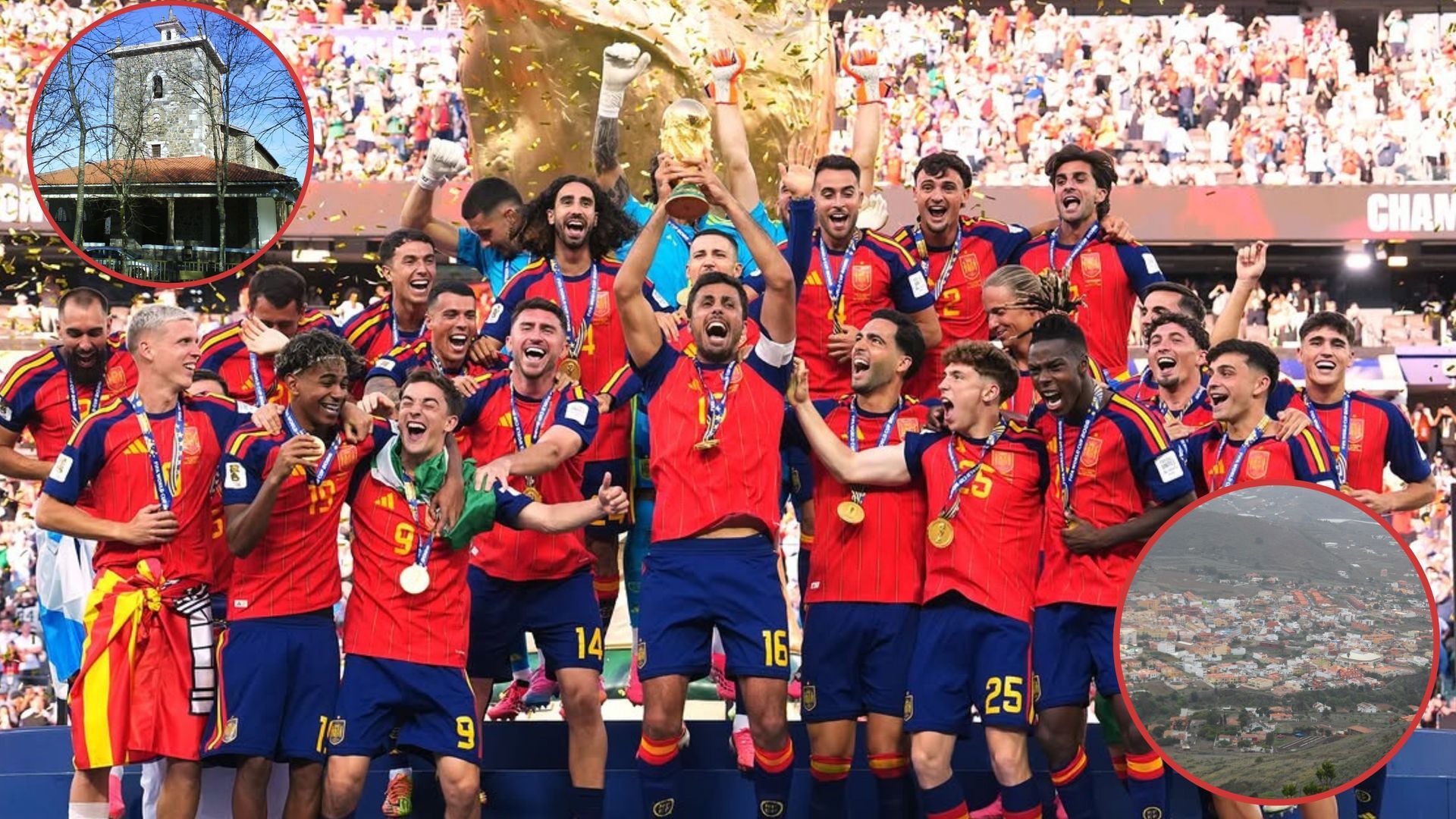 Fotomontaje de la selección masculina de fútbol el pasado domingo, el santuario de Santa María de Arrate y una vista panorámica de Tegueste Fotomontaje de la selección masculina de fútbol el pasado domingo, el santuario de Santa María de Arrate y una vista panorámica de Tegueste