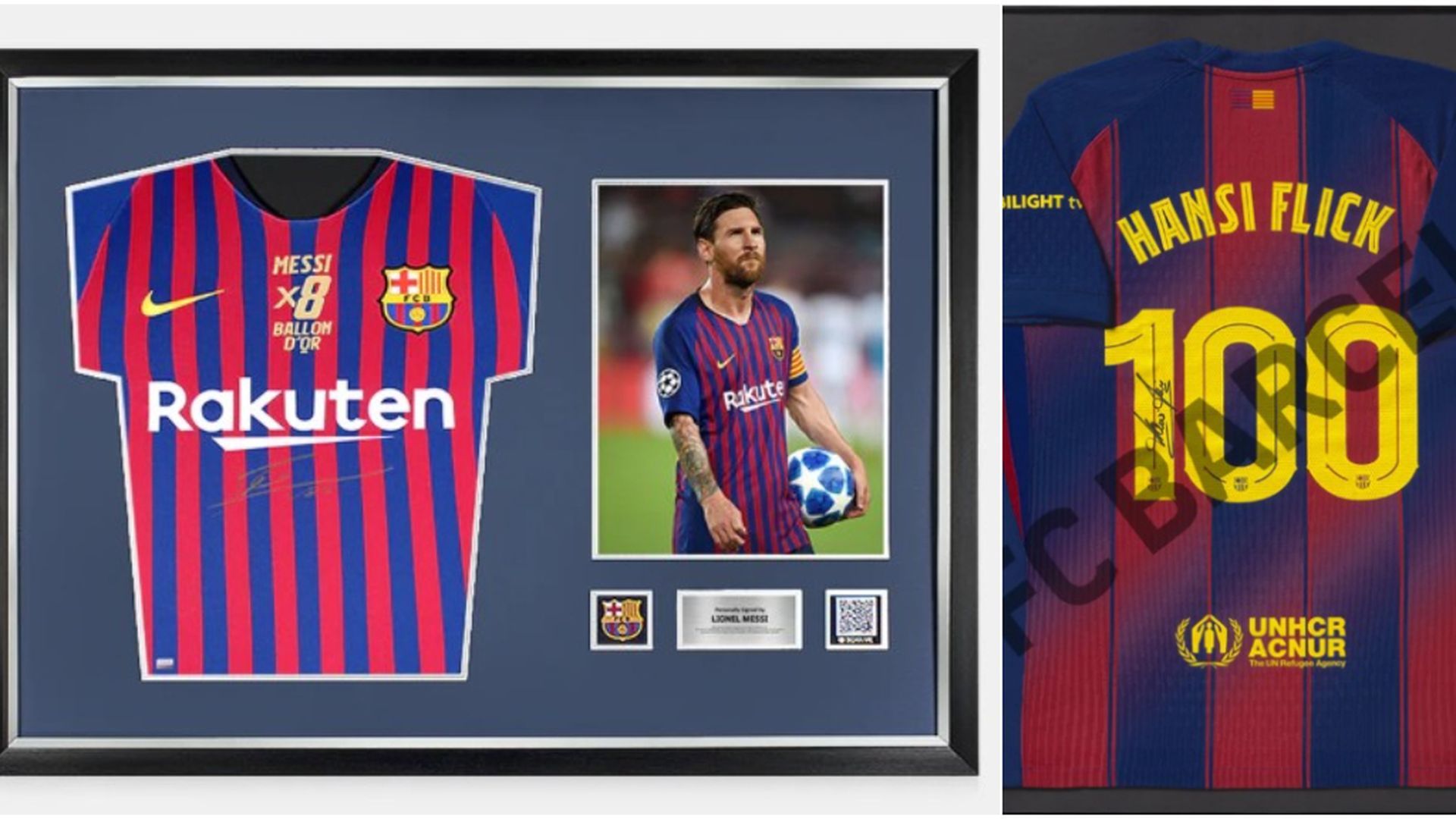 Camisetas firmadas por Leo Messi y Hansi Flick Camisetas firmadas por Leo Messi y Hansi Flick