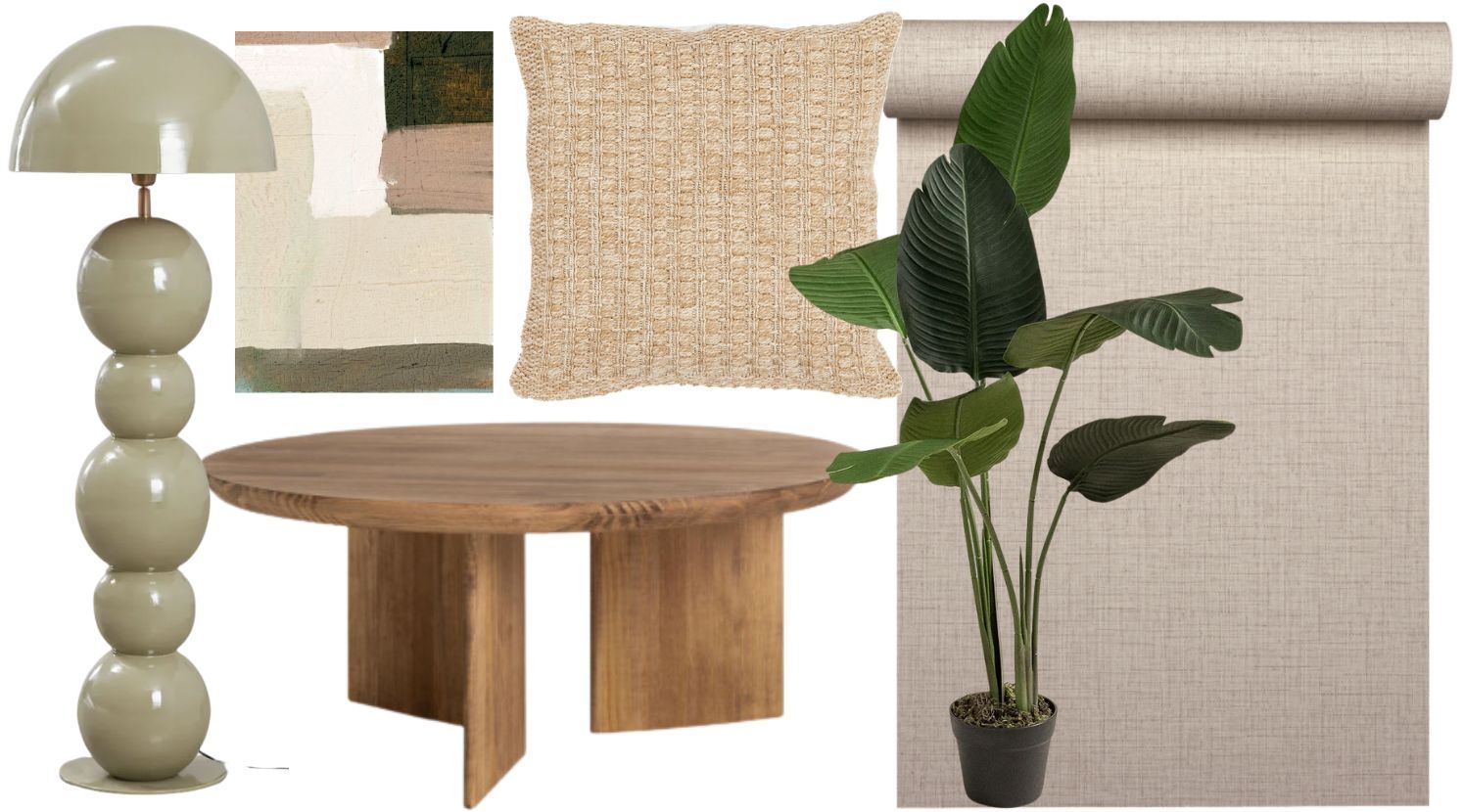 De izda. a dcha.: Lámpara de Sklum. Lámina de Artesta. Mesa de Kenay Home. Cojín de Maisons du Monde. Planta artificial de Sklum. Papel pintado de Leroy Merlin.