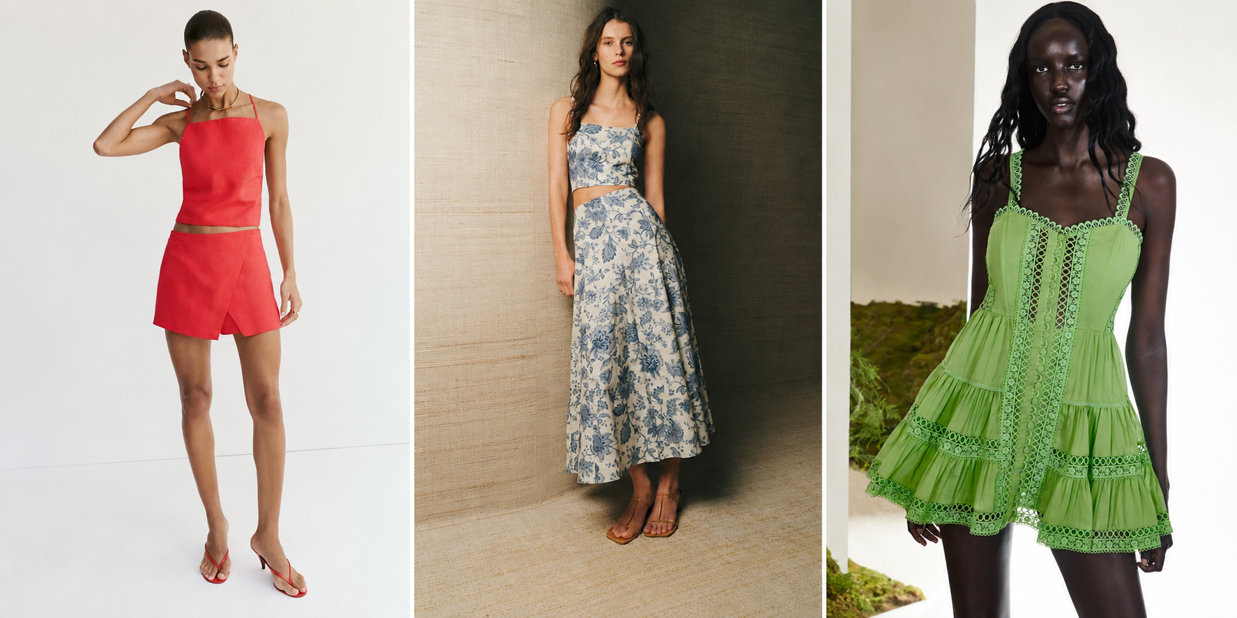 De izquierda a derecha: conjunto de top y falda pantalón de Mango (40 €); conjunto de top y falda midi de Sezane (250 € ) y minivestido verde de Charo Ruiz Ibiza (459 €)