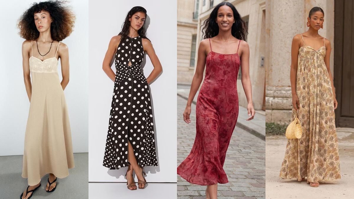De izquierda a derecha: vestido de Zara beige (39,95 €), vestido de lunares de Reiss (285 €), vestido de tirantes de Desigual (83,30 €) y vestido de An-Be (189 €)