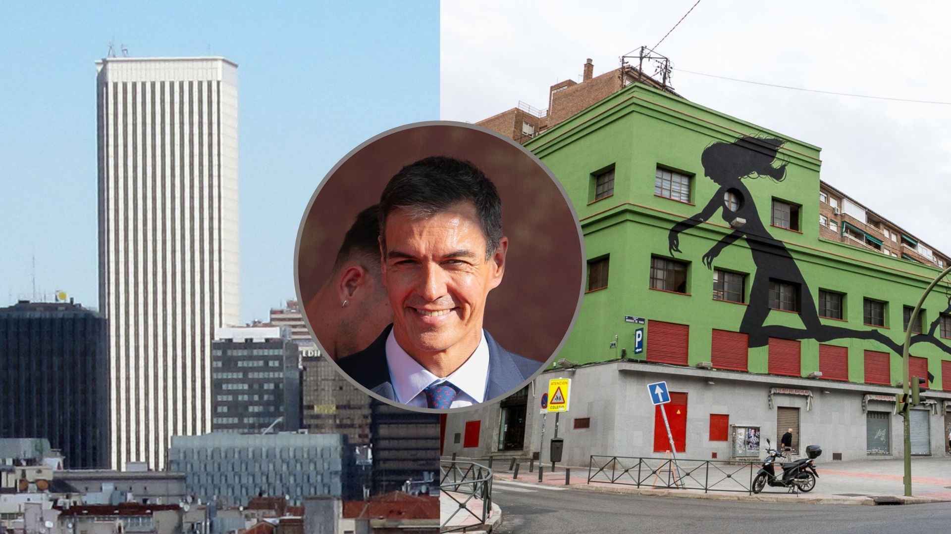 Fotomontaje con Pedro Sánchez en el centro; a la izquierda, AZCA, y a la derecha, el mercado de Tetuán