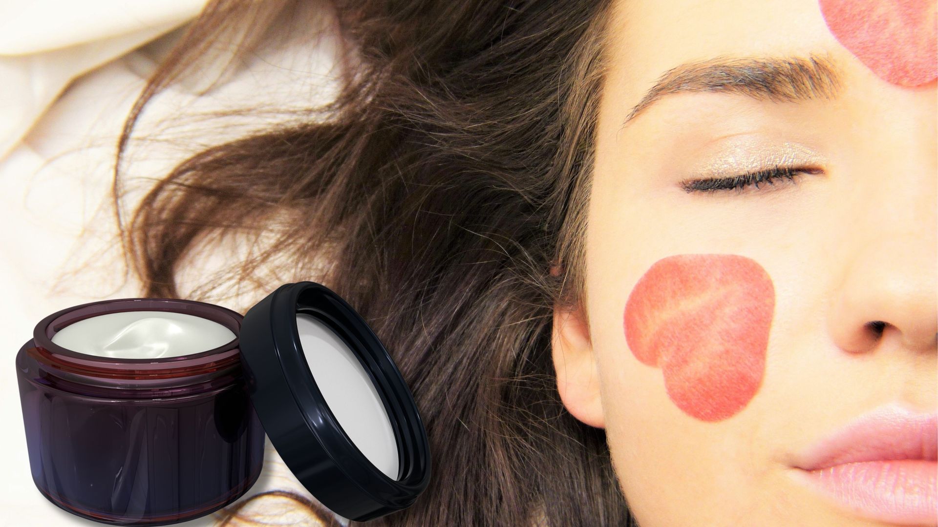 Fotomontaje con rostro de mujer y frasco de crema hidratante Fotomontaje con rostro de mujer y frasco de crema hidratante