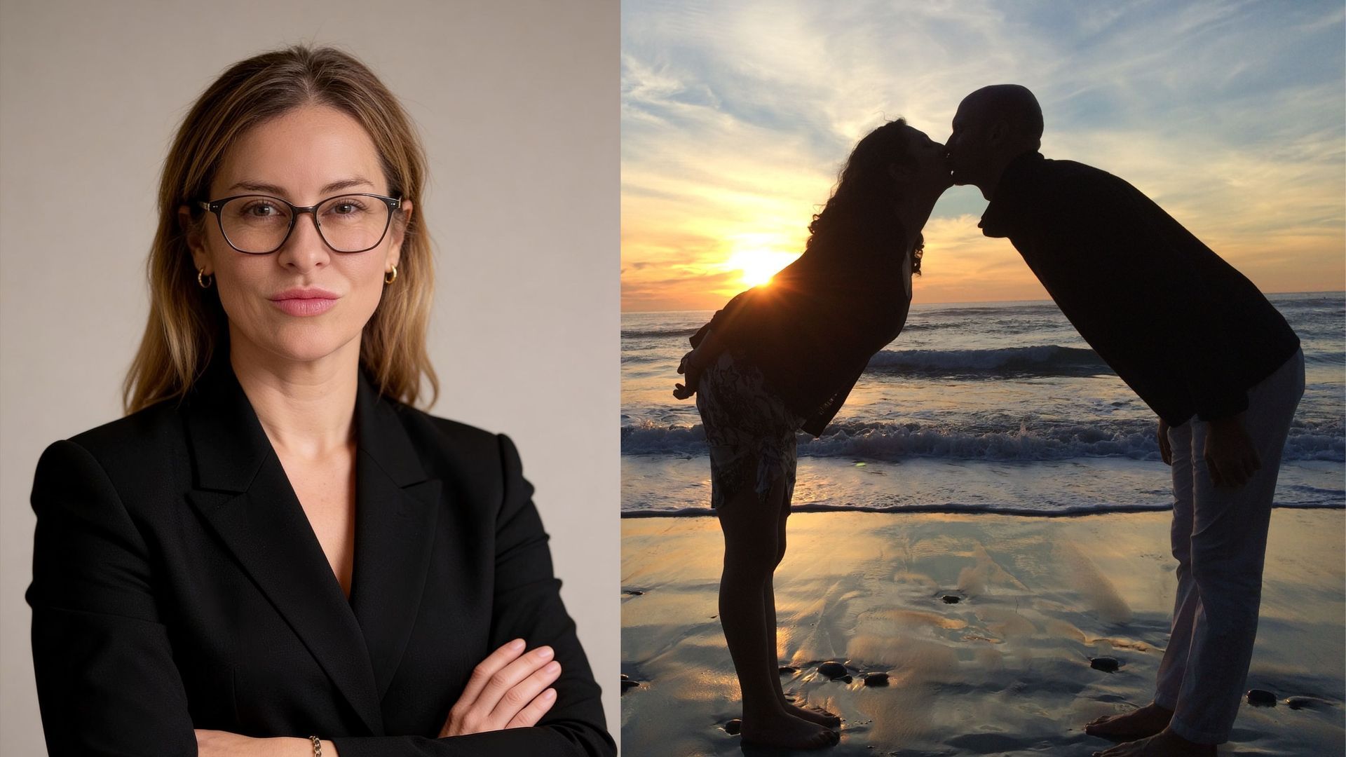 Fotomontaje con Elena Daprá (izq.) y una pareja al atardecer en la playa (dcha.) Fotomontaje con Elena Daprá (izq.) y una pareja al atardecer en la playa (dcha.)