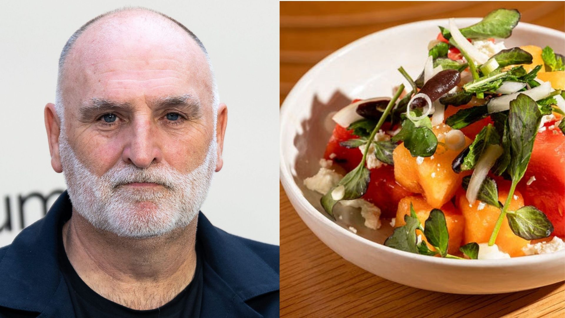 Fotomontaje con José Andrés (izq.) y su ensalada Karpuzi Me Feta Fotomontaje con José Andrés (izq.) y su ensalada Karpuzi Me Feta