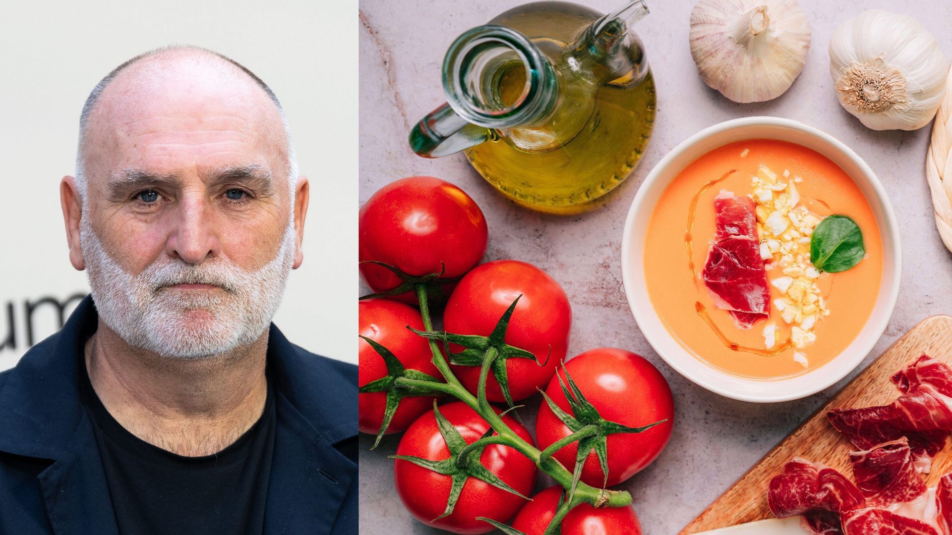 Fotomontaje con José Andrés y un plato de salmorejo con sus ingredientes