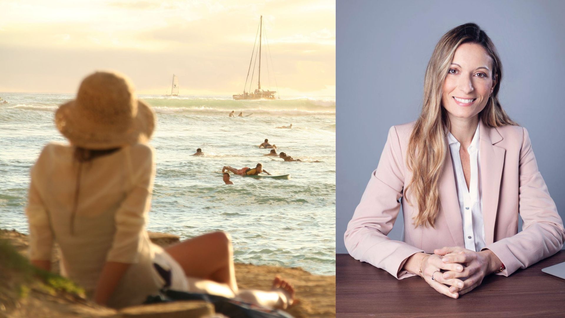 Fotomontaje con mujer sentada frente al mar y la psicóloga Vanessa Fernández