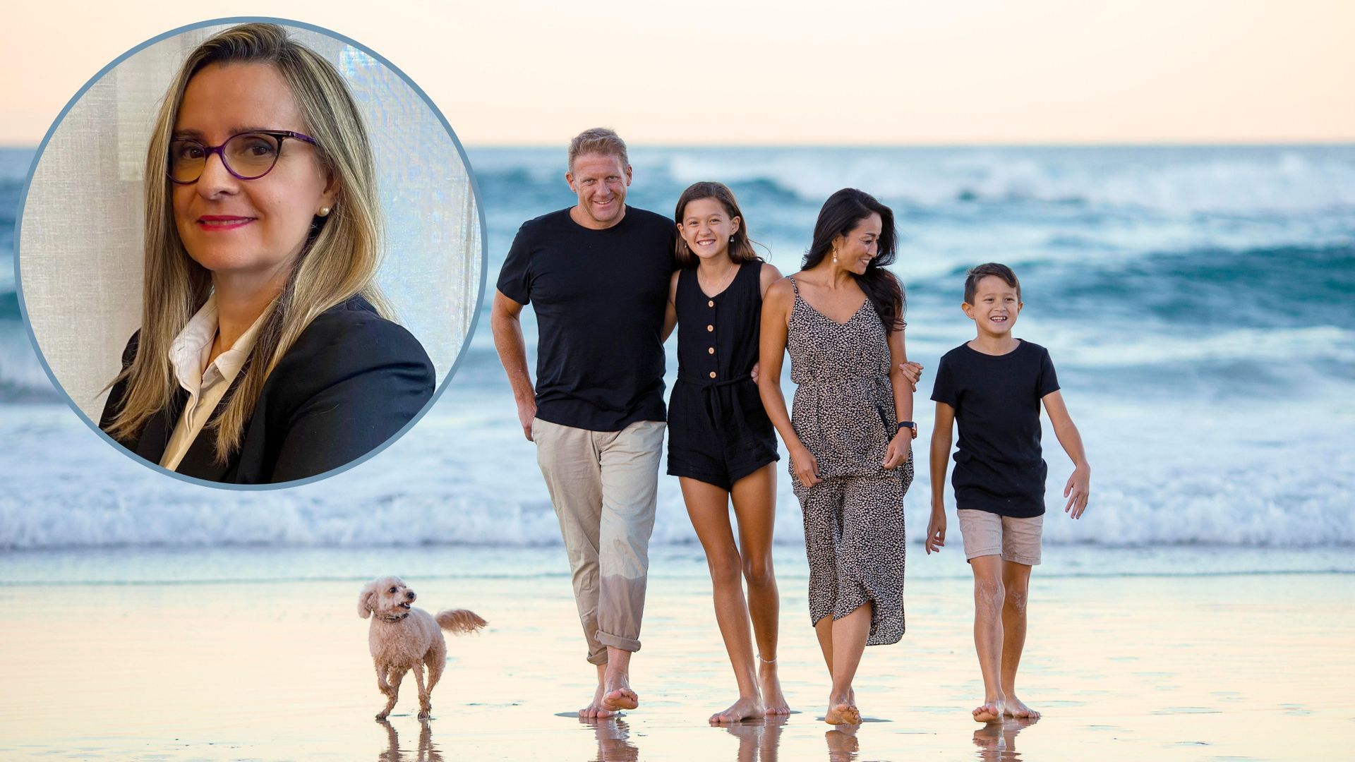 Una familia paseando por la playa; arriba, a la izquierda, la psicóloga Beatriz Corchado Una familia paseando por la playa; arriba, a la izquierda, la psicóloga Beatriz Corchado