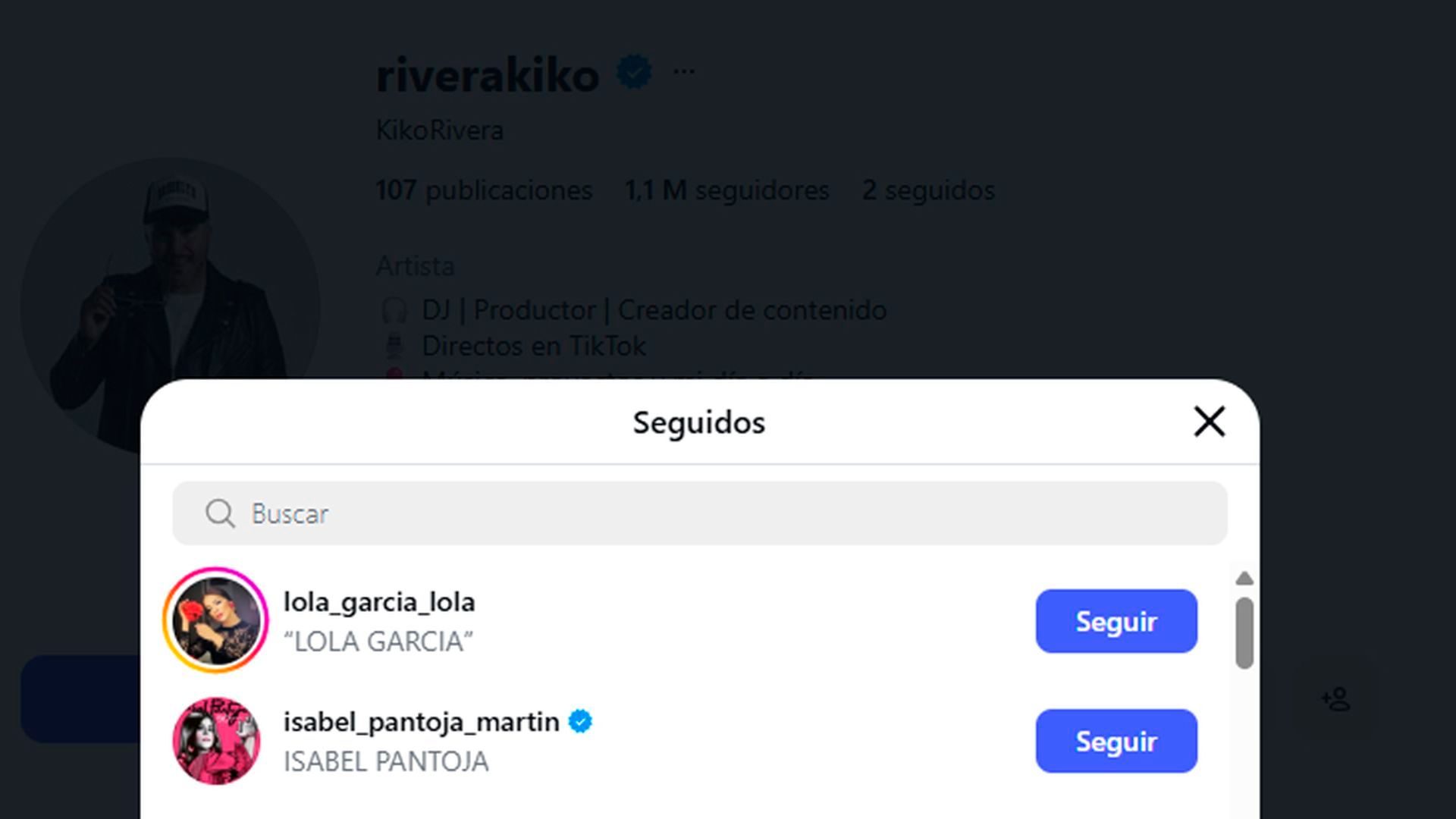 Actualmente Kiko Rivera solo sigue dos perfiles en Instagram: el de su pareja, Lola García, y el de su madre, Isabel Pantoja