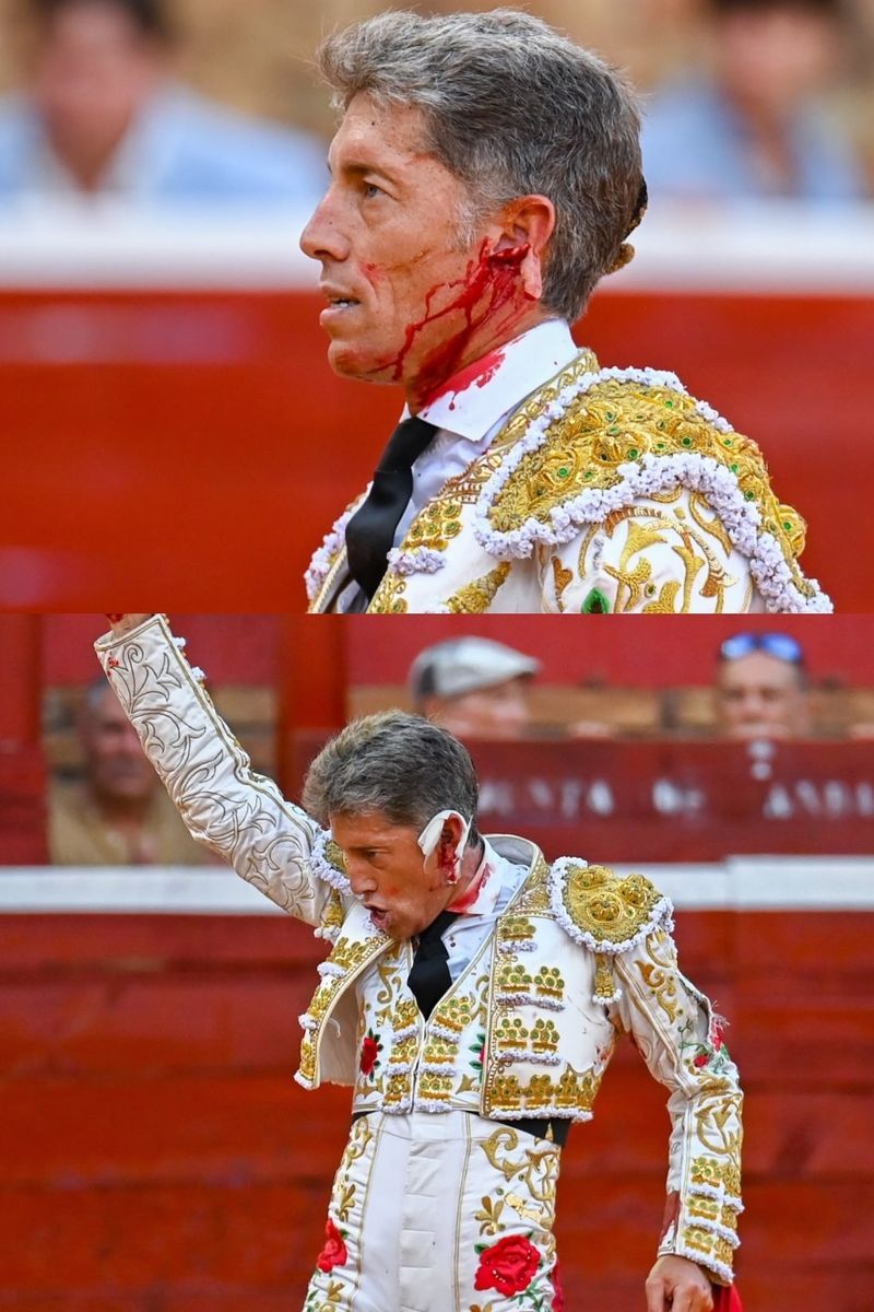 La imagen de Manuel Escribano tras la embestida, con su oreja desgarrada