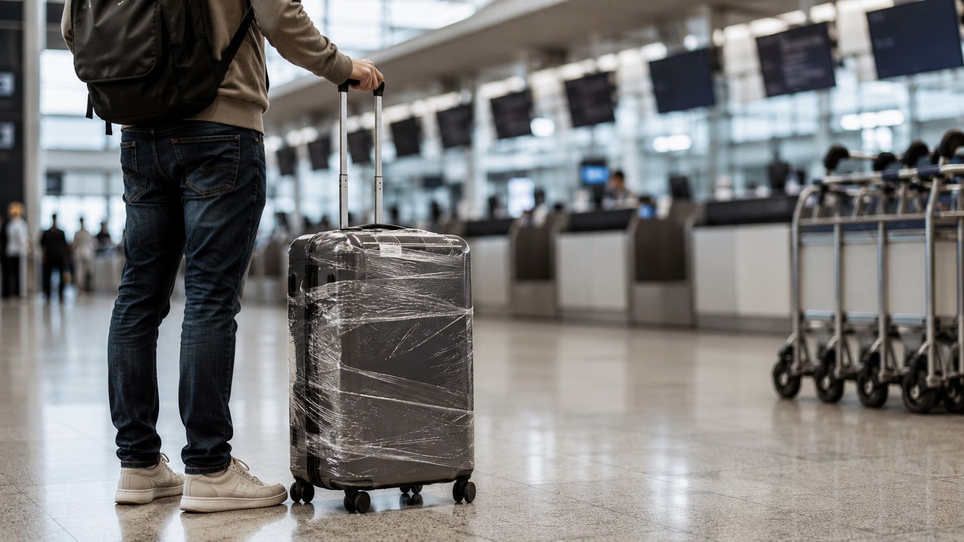 Una maleta envuelta en plásticos delante de los mostradores de un aeropuerto Una maleta envuelta en plásticos delante de los mostradores de un aeropuerto