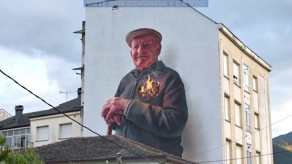 El mural de Quiroga: el corazón ardiendo de Enrique, de 91 años, que lo perdió todo, símbolo de las víctimas