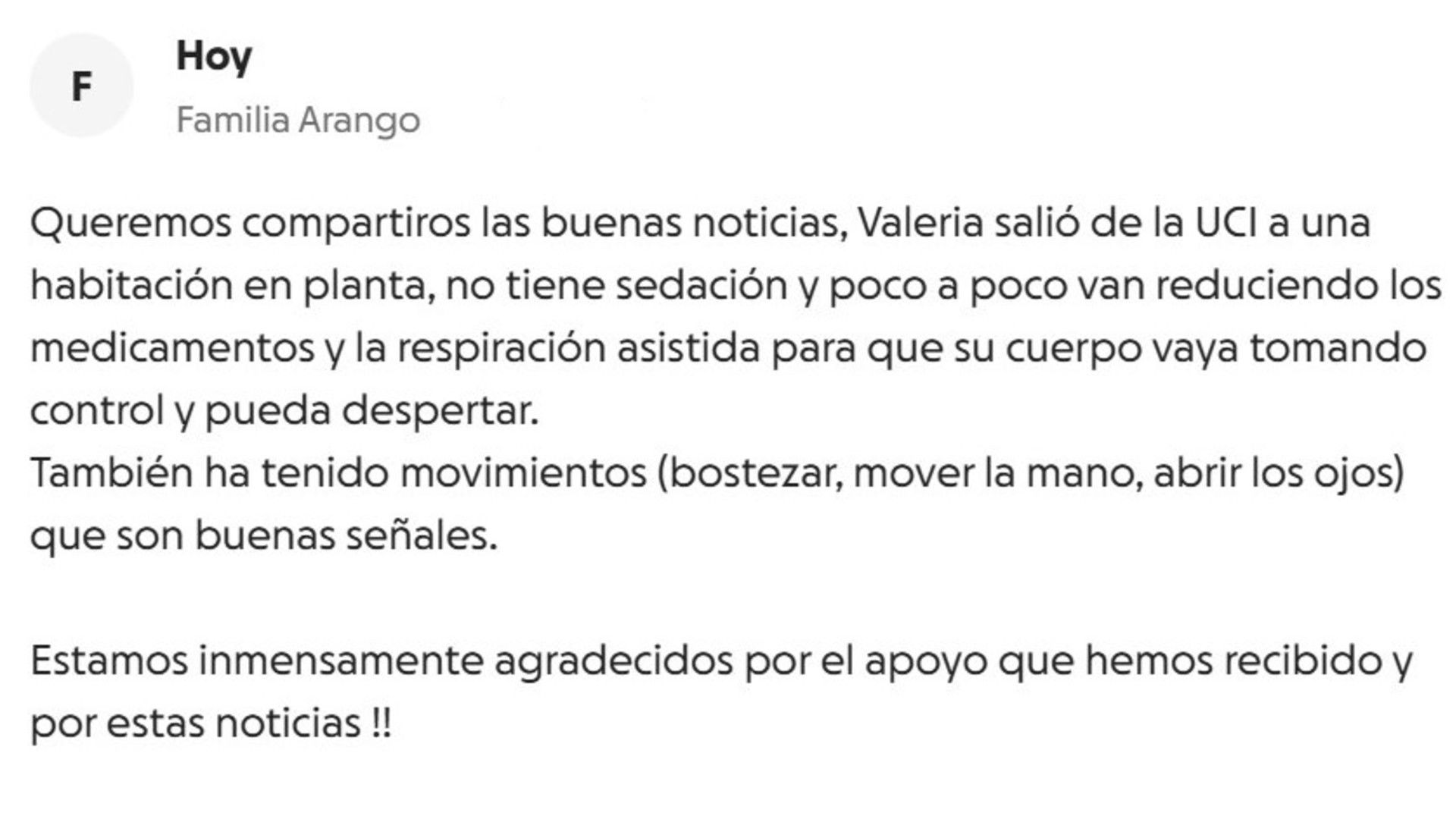 La familia de Valeria Arango Trujillo informa sobre su evolución este jueves 6 de agosto