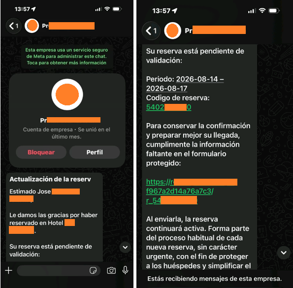 Mensaje de estafa por Whatsapp