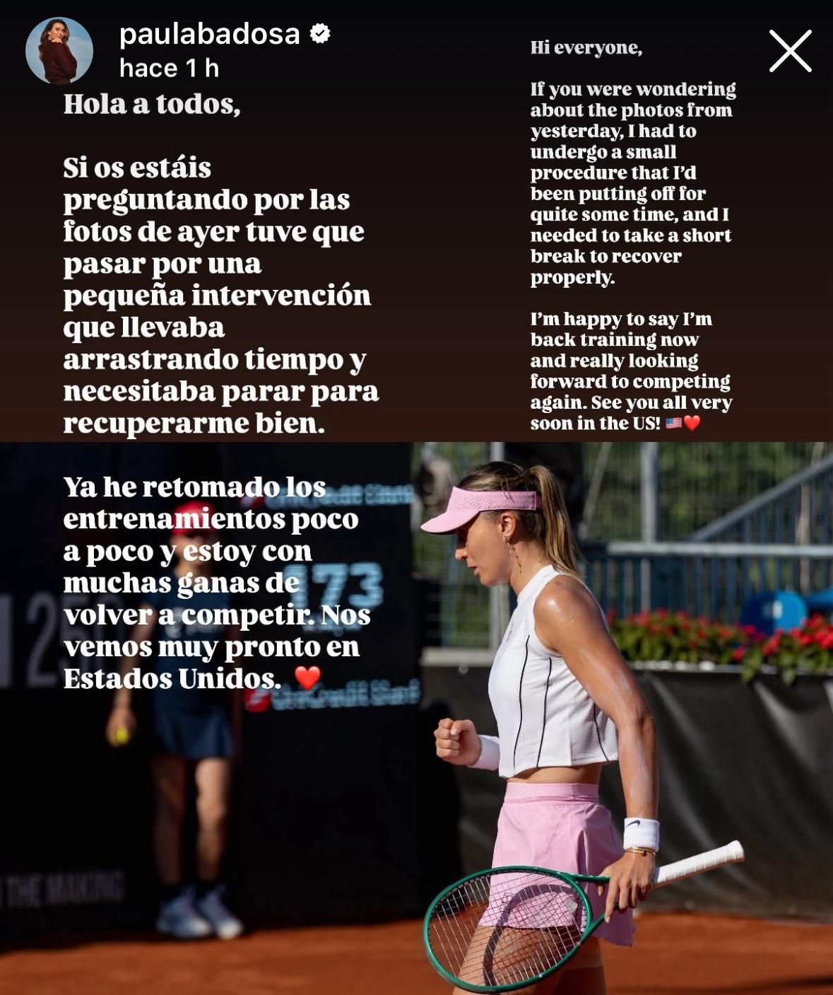 Mensaje de Paula Badosa tras sus fotos en el hospital