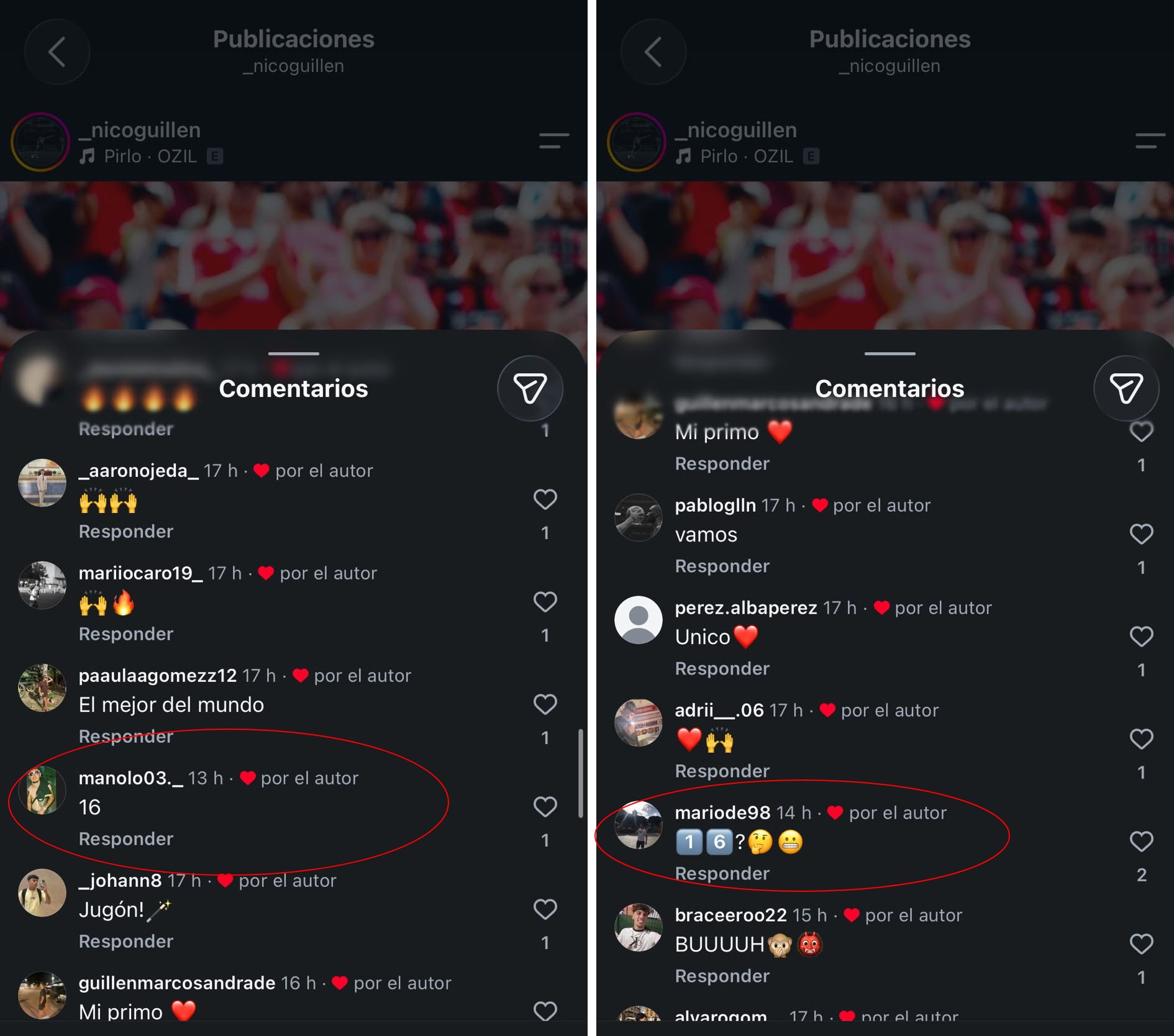 Los comentarios en la publicación de Nico Guillén