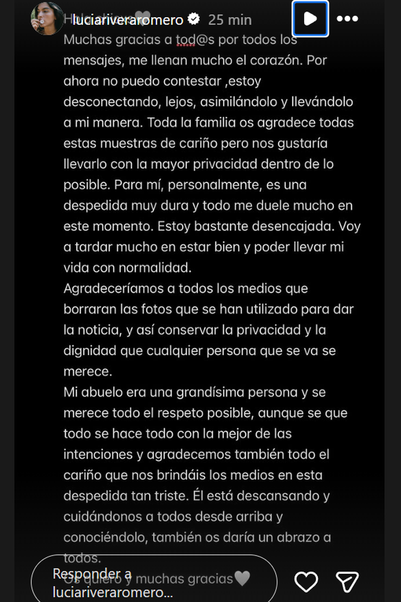 La carta de Lucía Rivera tras la muerte de su abuelo