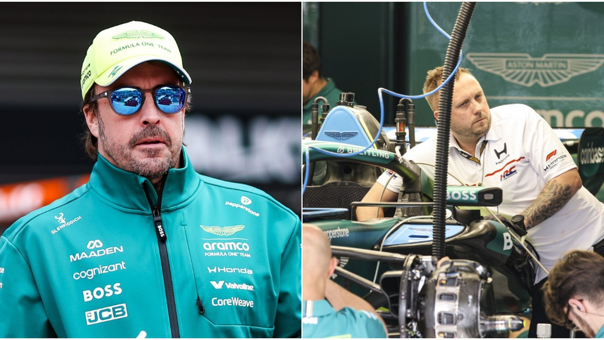 Fernando Alonso y un miembro de Honda trabajando en el AMR26 Fernando Alonso y un miembro de Honda trabajando en el AMR26