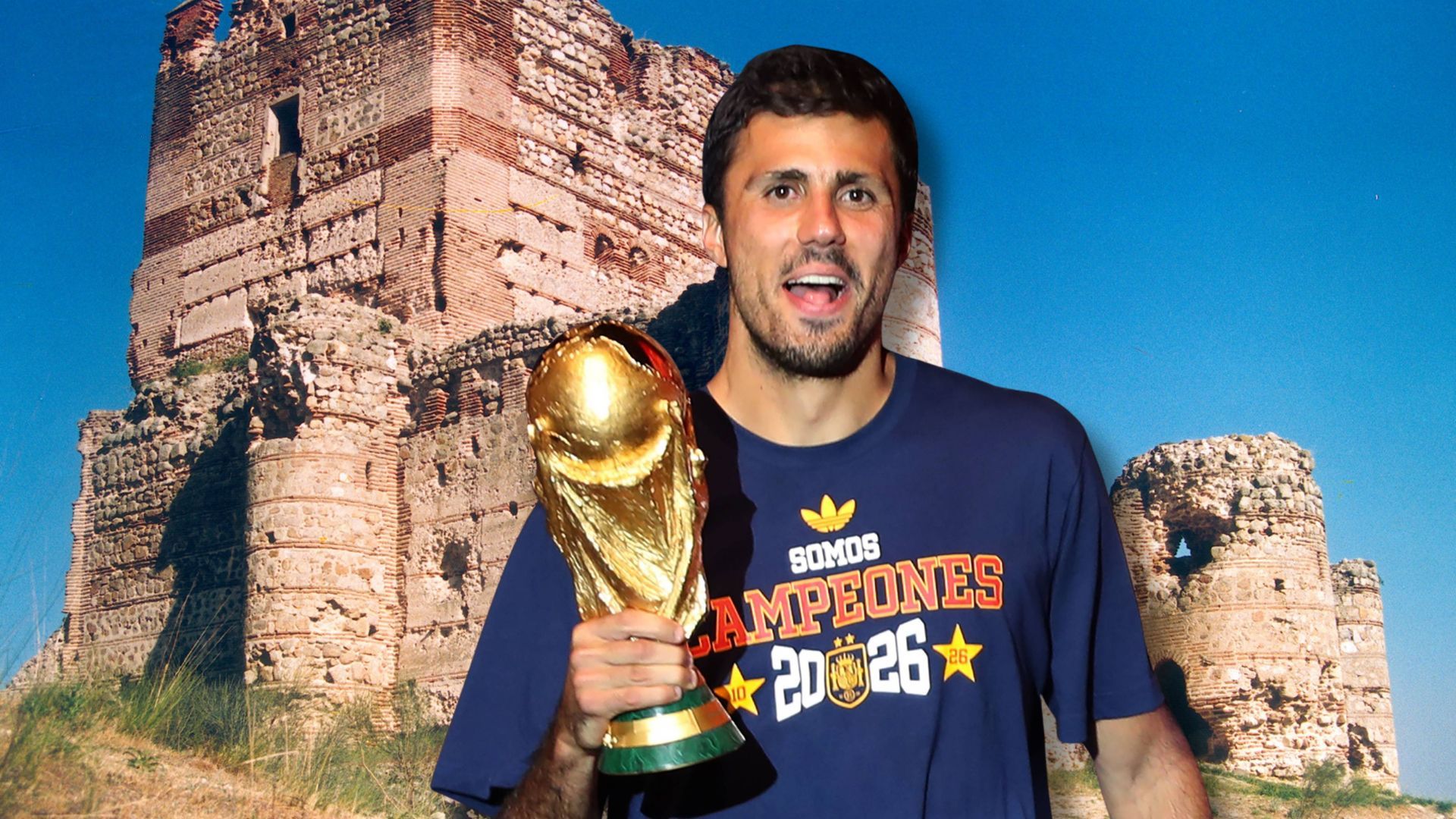 Fotomontaje con Pedri celebrando el segundo Mundial y, detrás, el castillo de Aulencia Fotomontaje con Pedri celebrando el segundo Mundial y, detrás, el castillo de Aulencia