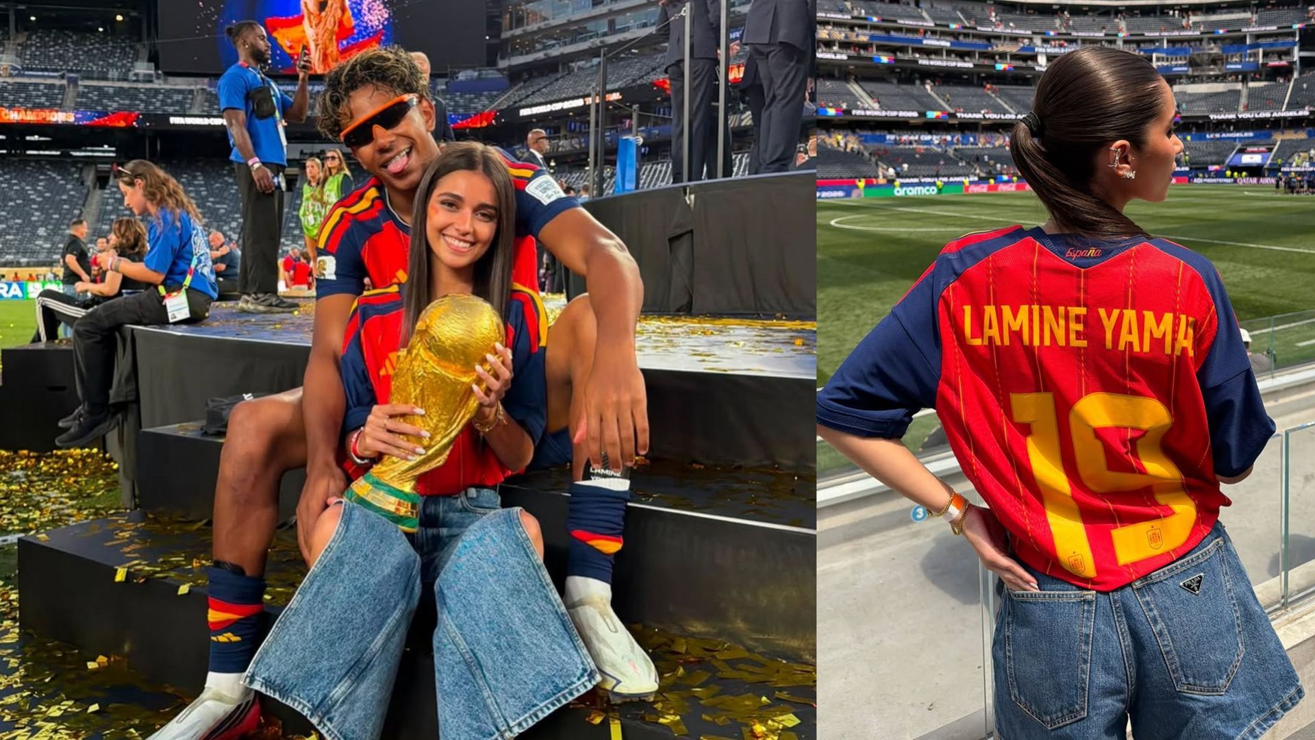 Montaje con Inés García y Lamine Yamal celebrando la victoria de España y, a la derecha, Inés con la camiseta de la selección y el dorsal de su novio Montaje con Inés García y Lamine Yamal celebrando la victoria de España y, a la derecha, Inés con la camiseta de la selección y el dorsal de su novio