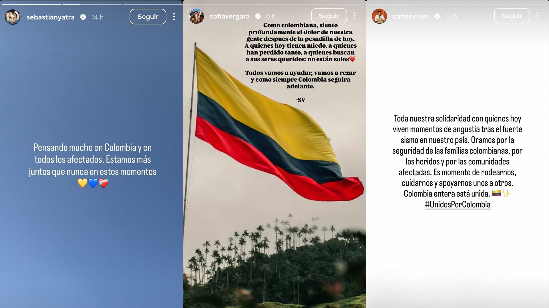 Sebastián Yatra, Sofía Vergara y Carlos Vives se solidarizan con los afectados por el terremoto en Colombia