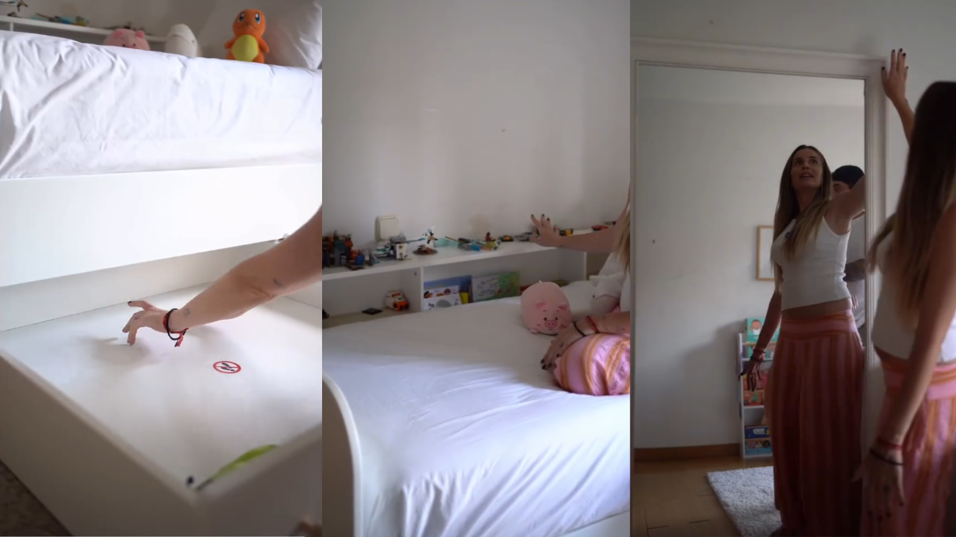 La cama, la estantería y el espejo del cuarto de Hugo