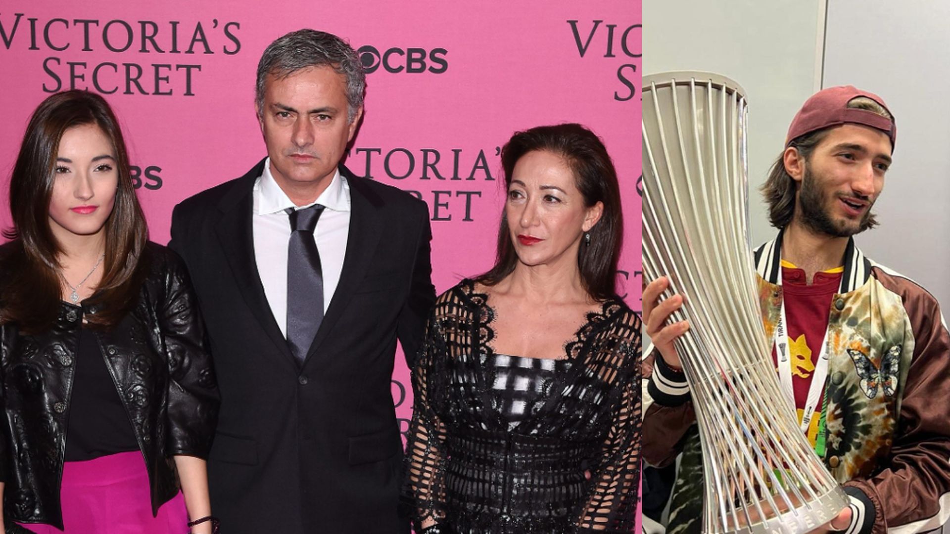 Montaje con la imagen de José Mourinho junto a su mujer e hija y, a la derecha, su hijo, José Mário Jr.
