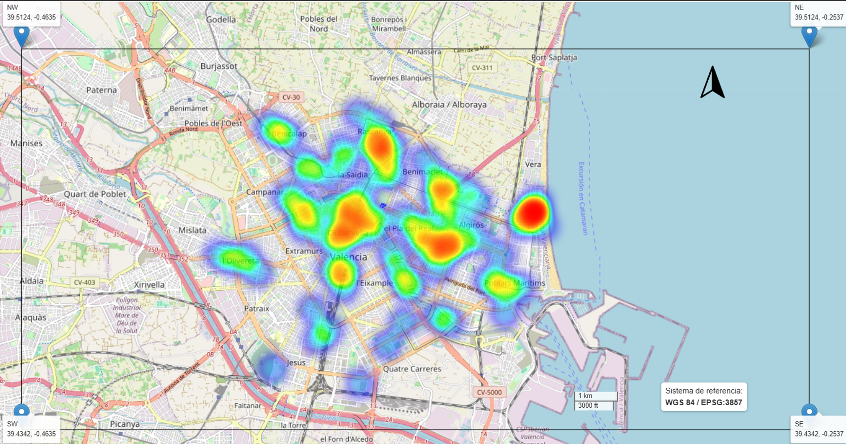 representa un mapa de calor de los reportes ciudadanos recogidos durante los mapatones de València sobre acoso callejero y percepción de inseguridad