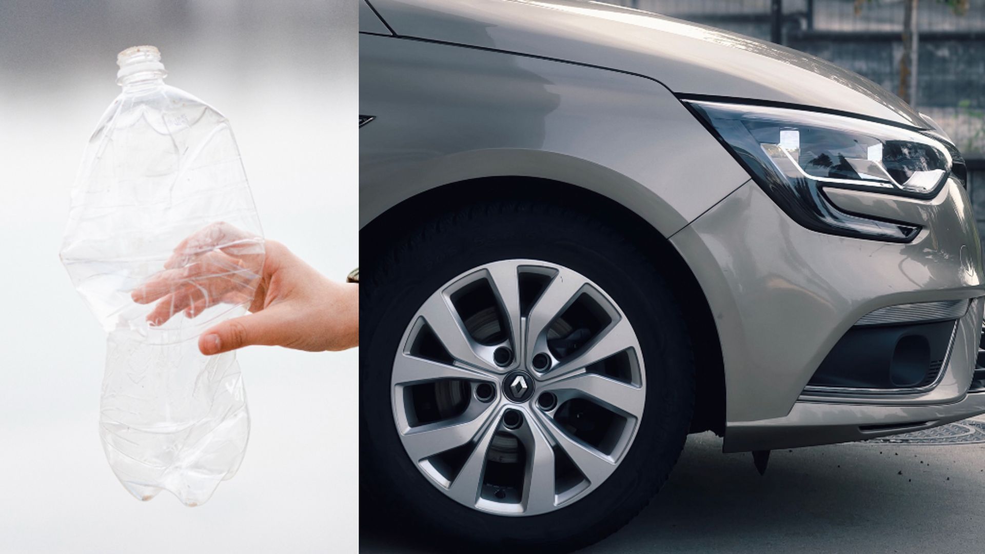 Una botella de plástico vacía y las ruedas de un coche