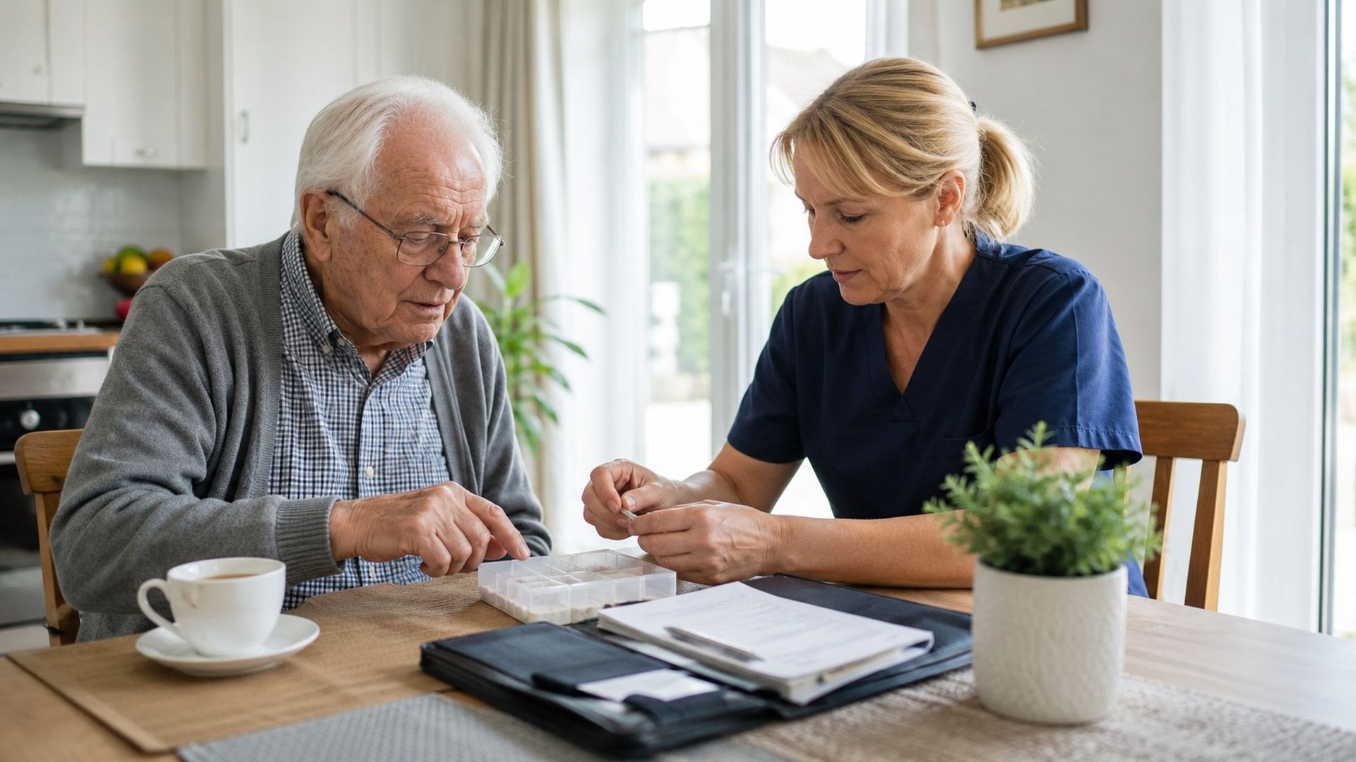 Ayudando a un anciano con su medicación
