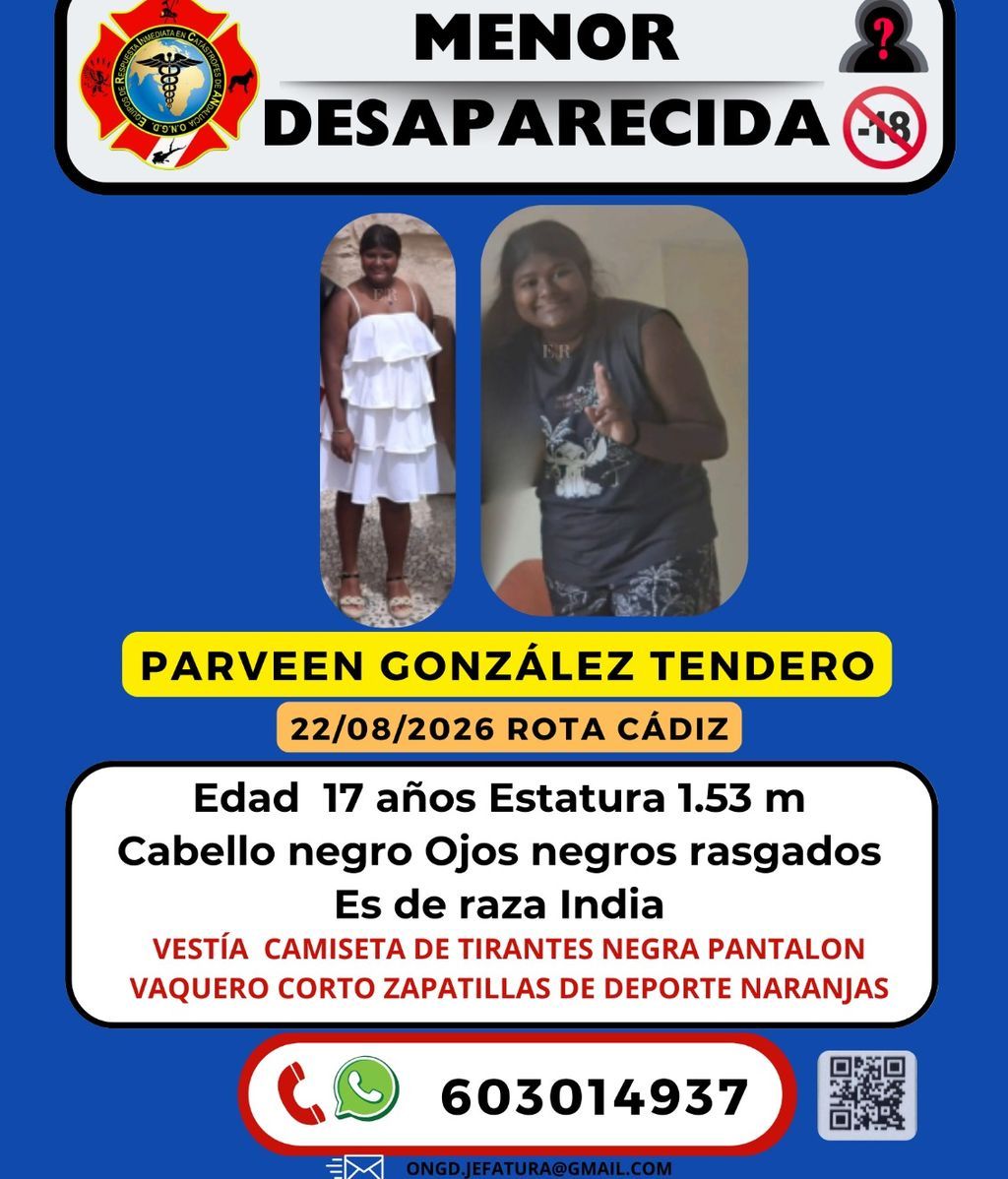 Buscan a Parveen G. T., una menor de 17 años desaparecida desde el 22 de agosto en Rota, Cádiz: fue vista por última vez bailando de madrugada en la playa