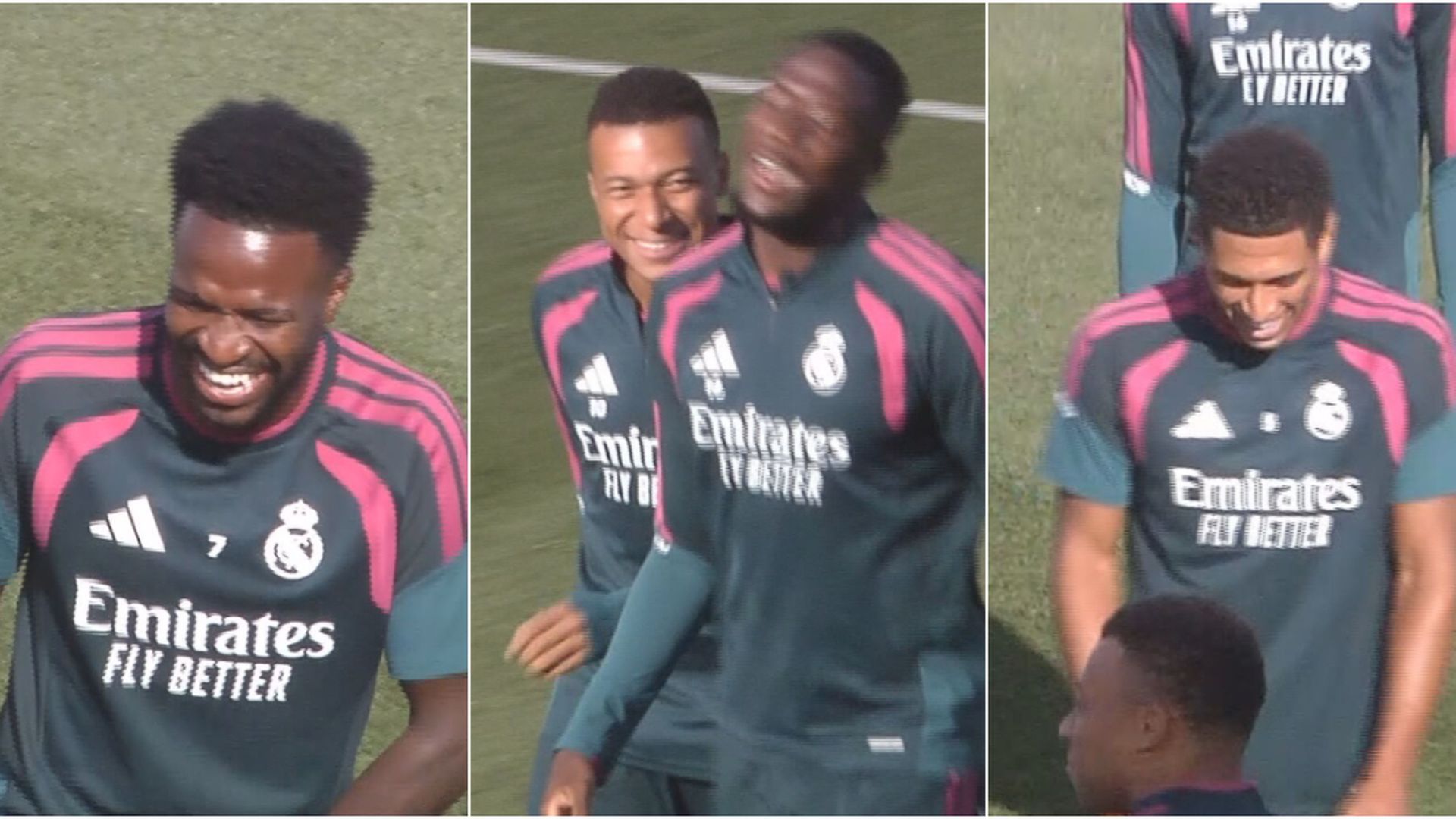 Vinicius unior, Kylian Mbappé y Jude Bellingham durante el entrenamiento del Real Madrid
