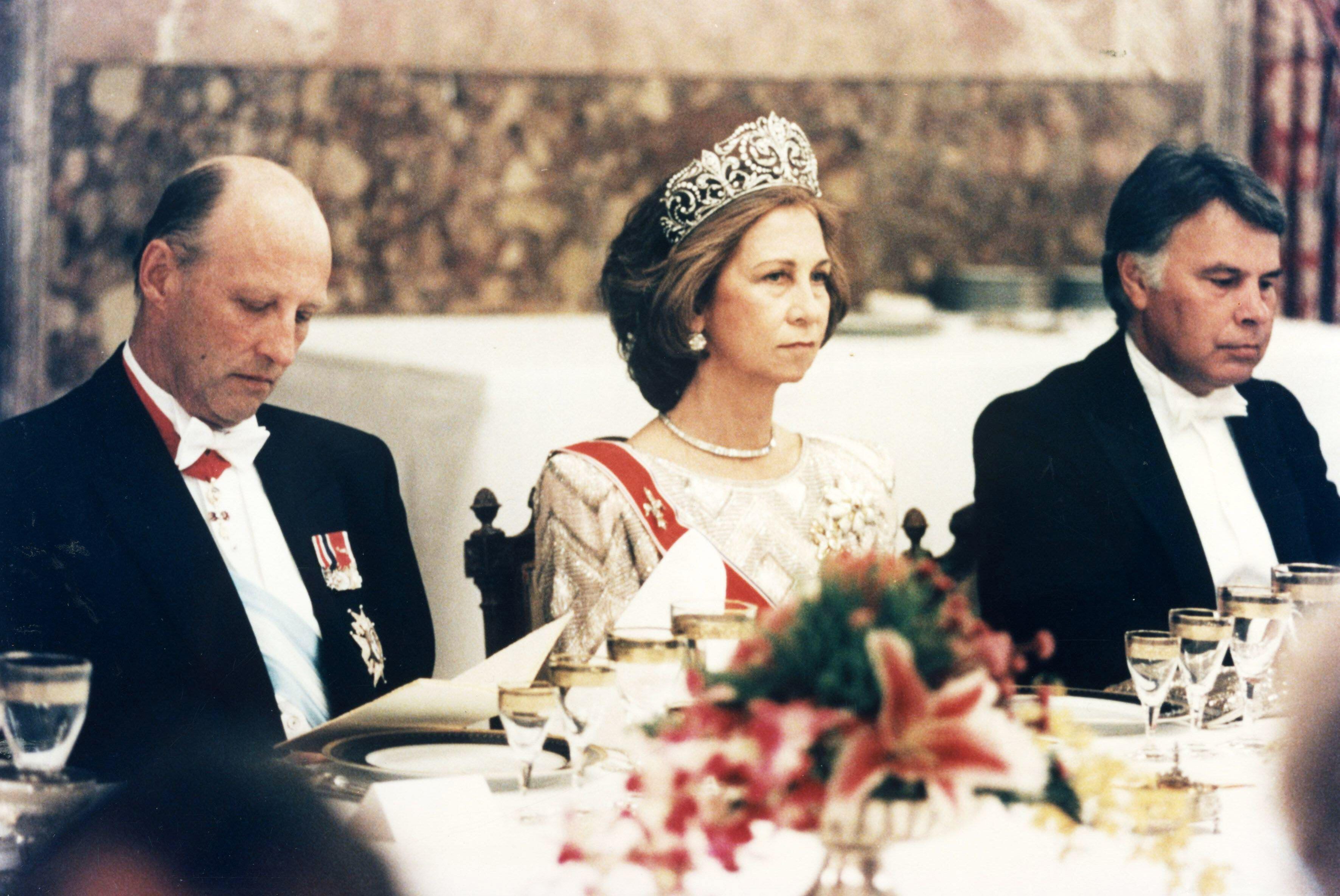 La Reina Sofía y Harald de Noruega en 1995 durante una visita oficial del rey noruego