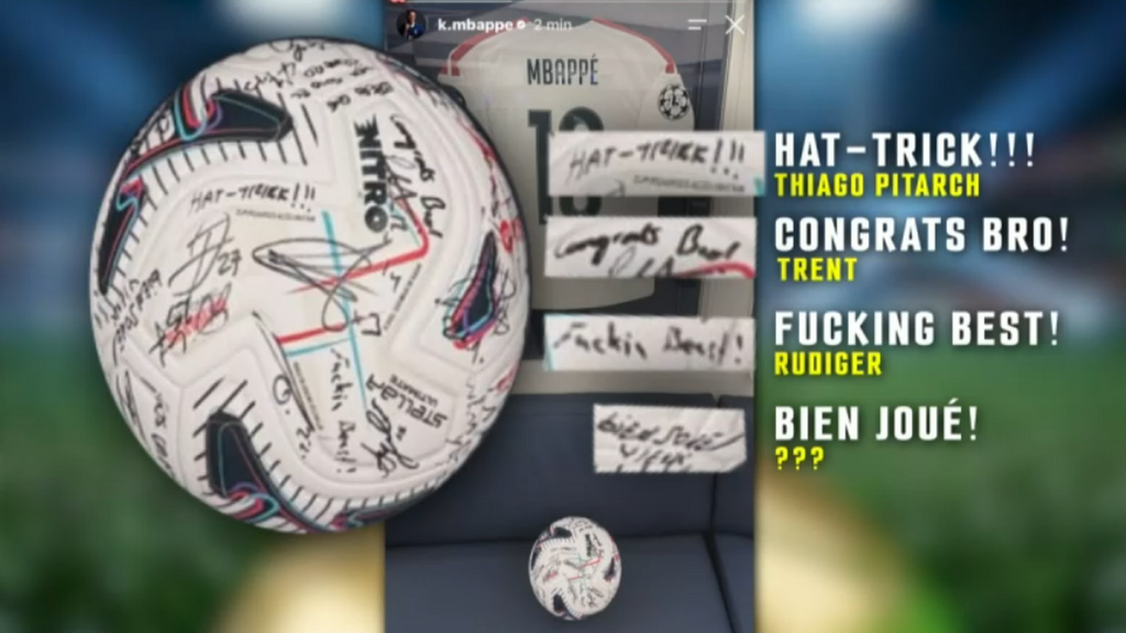Las firmas a Mbappé en el balón por su hat-trick a la Real Sociedad