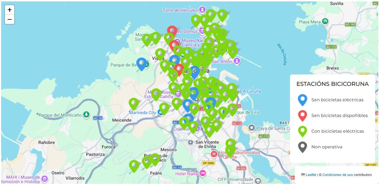 Mapa de las estaciones de bicis que hay en A Coruña