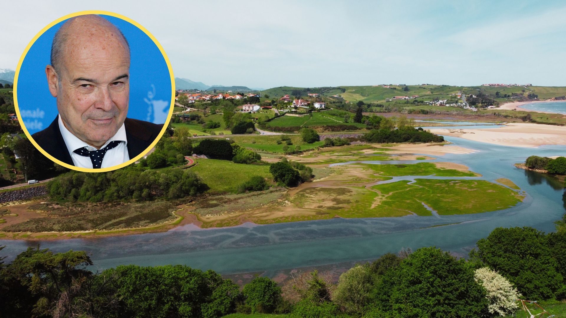 Fotomontaje con Antonio Resines arriba, a la izquierda y, de fondo, el Parque Natural de Oyambre a la altura de Trasvía