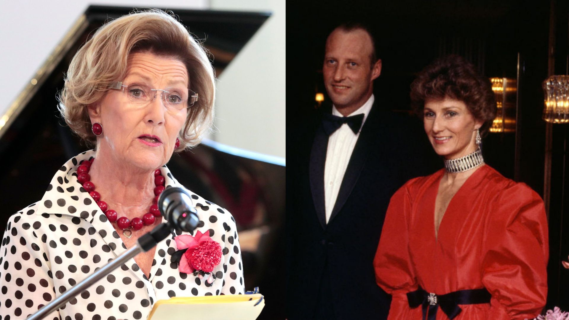 Fotomontaje con Sonia de Noruega en una imagen reciente y, a la derecha, junto a su esposo Harald en una cena de gala