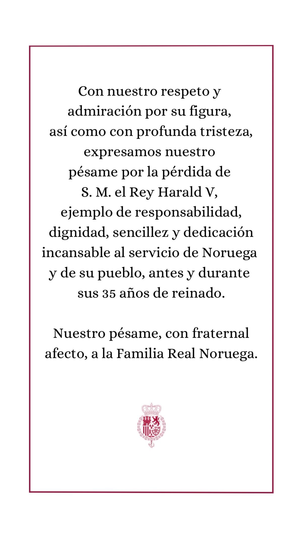 La Casa de Su Majestad el Rey da el pésame a la familia real noruega