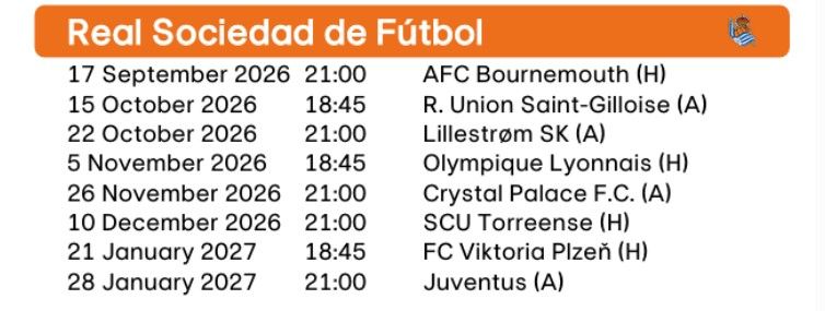 El calendario de la Real Sociedad en la Europa League 26/27