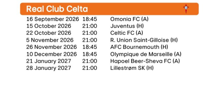 El calendario del Celta de Vigo en la Europa League 26/27