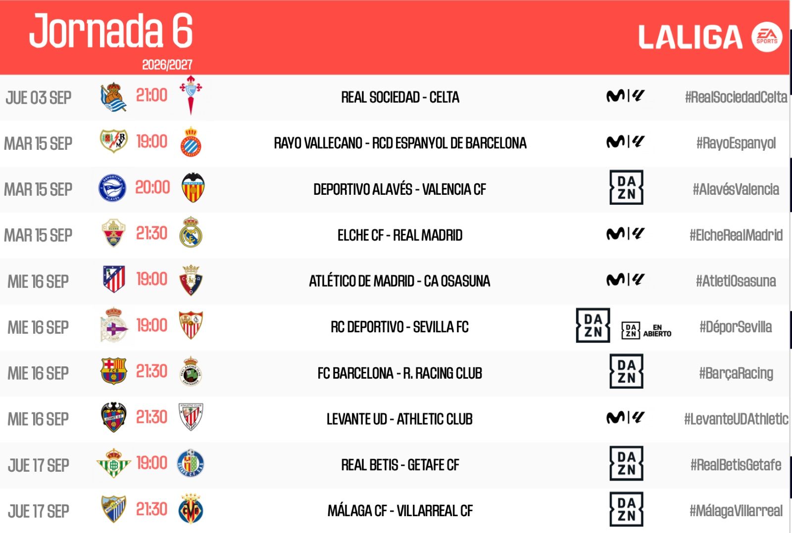 Horarios de la jornada 5 de LALIGA EA Sports