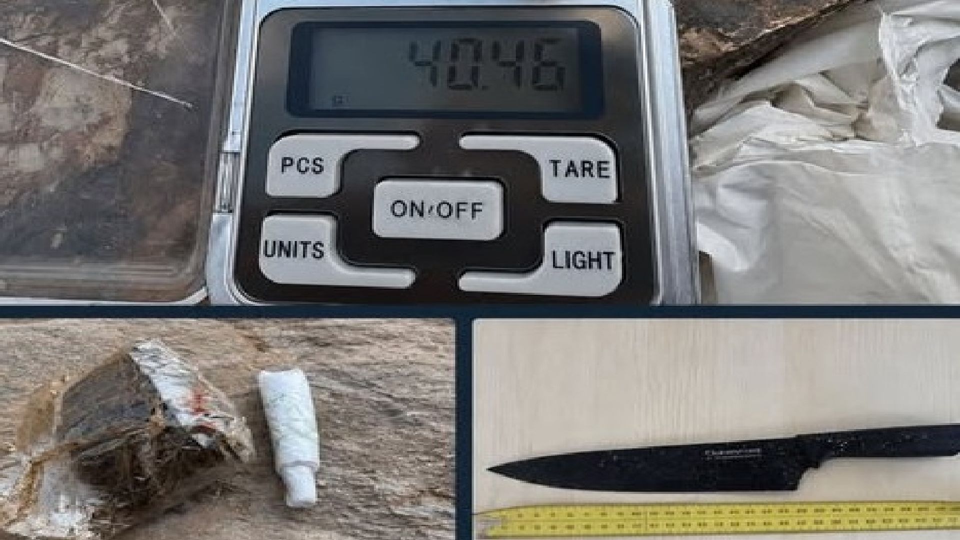 Drogas y cuchillo de enorme hoja que llevaba la conductora Drogas y cuchillo de enorme hoja que llevaba la conductora