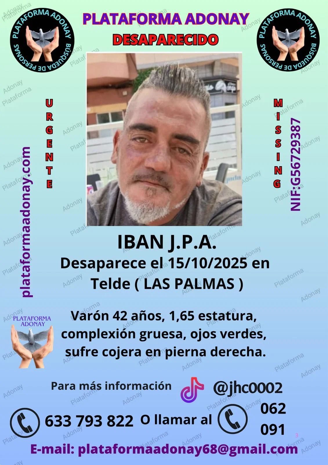 El cartel de búsqueda de Ibán, difundido por la plataforma Adonay
