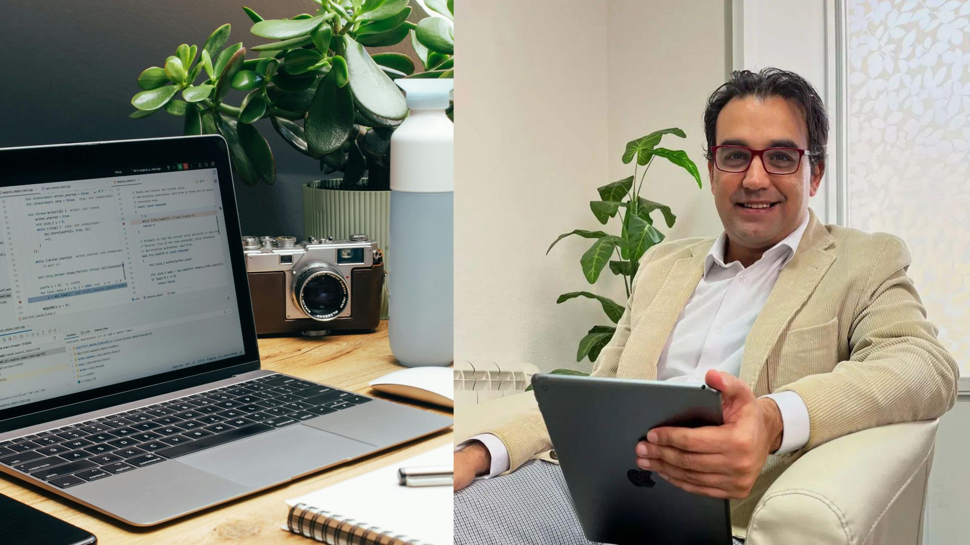 Fotomontaje con una mesa de trabajo y el psicólogo Sergio García Soriano Fotomontaje con una mesa de trabajo y el psicólogo Sergio García Soriano