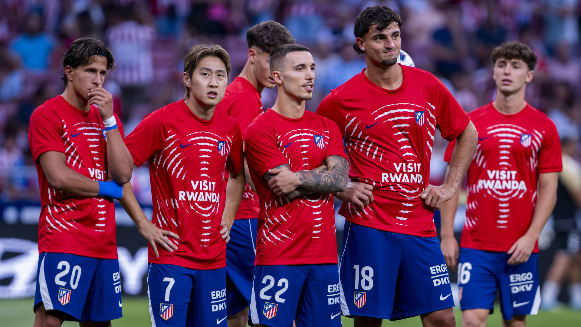 Giuliano, Kang In, Grimaldo y Pubill, en un calentamiento del Atlético de Madrid Giuliano, Kang In, Grimaldo y Pubill, en un calentamiento del Atlético de Madrid