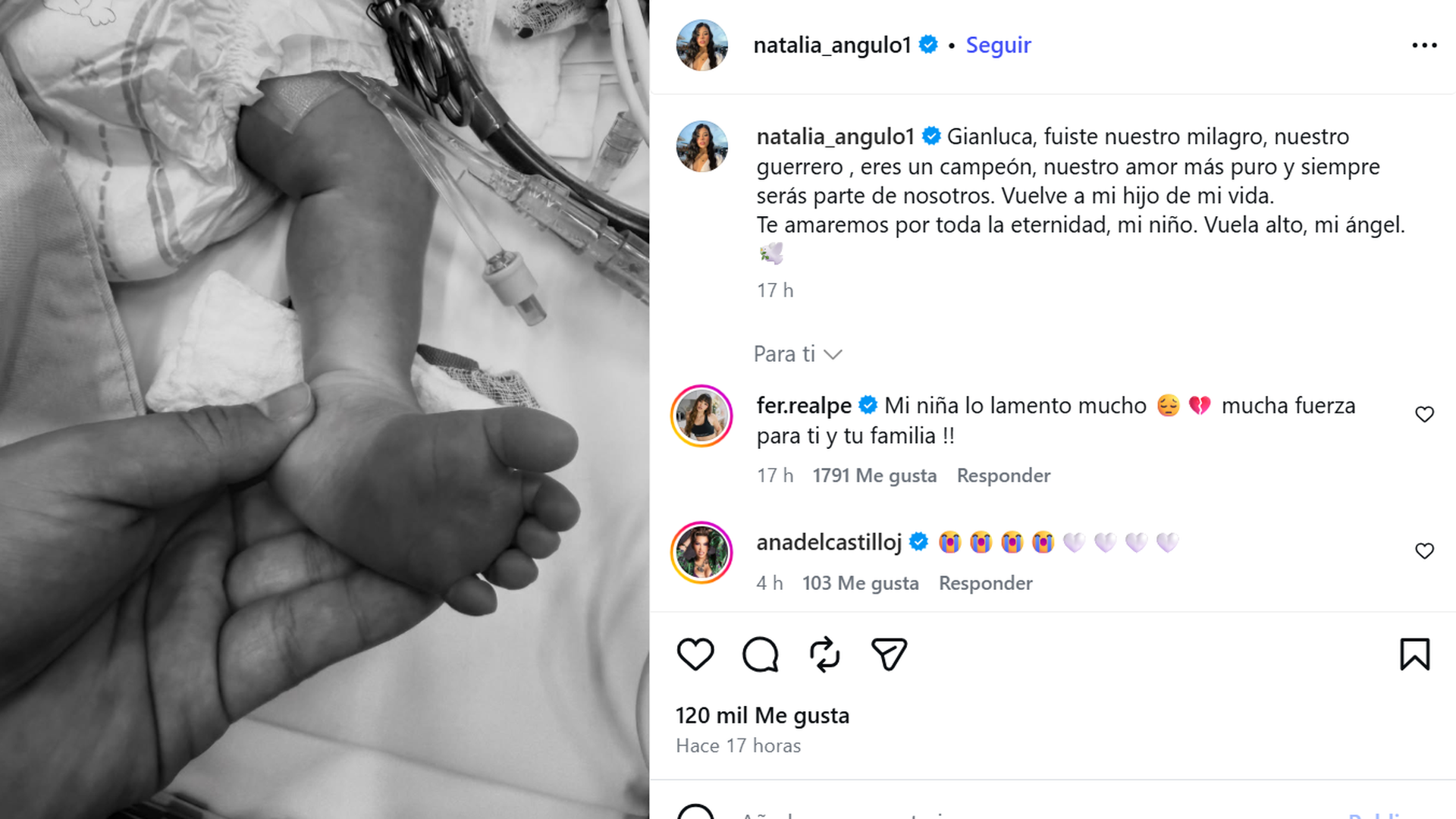 Captura del post de Natalia Angulo en Instagram en el que le dedica unas palabras a su hijo