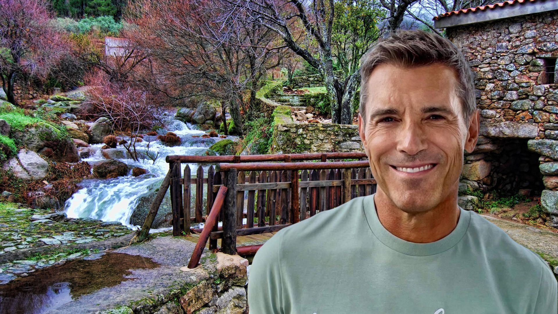 Fotomontaje con una piscina natural en Eljas y, en primer plano, Jesús Vázquez Fotomontaje con una piscina natural en Eljas y, en primer plano, Jesús Vázquez