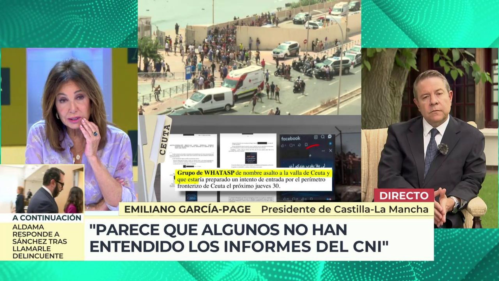 García- Page, sobre la información que el Gobierno recibió de Ceuta: "Es evidente que el CNI avisó de lo que iba a pasar" García- Page, sobre la información que el Gobierno recibió de Ceuta: "Es evidente que el CNI avisó de lo que iba a pasar"