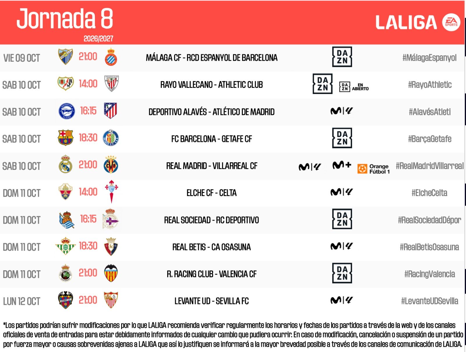 Los horarios de la jornada de LALIGA en la temporada 26/27