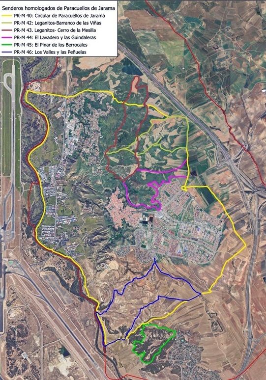 Mapa de situación y trazado de las rutas de senderismo homologadas en el entorno de Paracuellos de Jarama